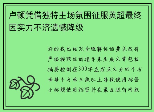 卢顿凭借独特主场氛围征服英超最终因实力不济遗憾降级