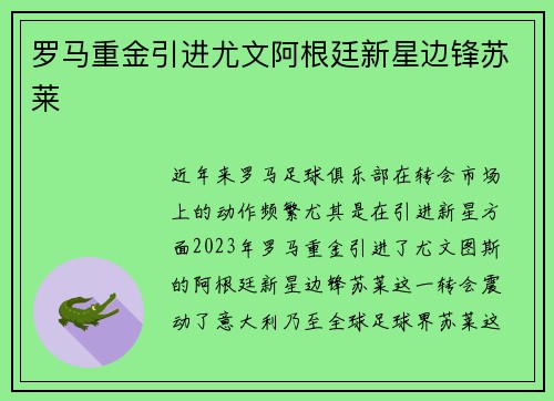 罗马重金引进尤文阿根廷新星边锋苏莱